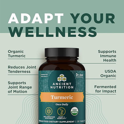 Turmeric Capsules by Ancient Nutrition, Once Daily, Use as a Joint Supplement and Supports Inflammation, Gluten Free, Paleo and Keto Friendly, 30 Tablets