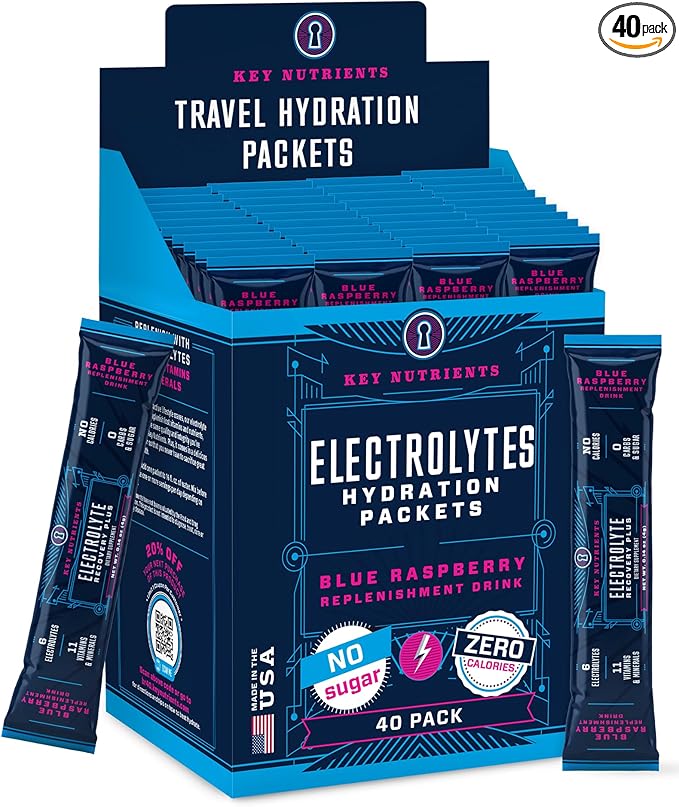 KEY NUTRIENTS Electrolytes Powder Packets - Delicious Blue Raspberry 40 Pack Hydration Packets - Travel Hydration Powder - Made in USA - No Sugar, No Calories, Gluten Free