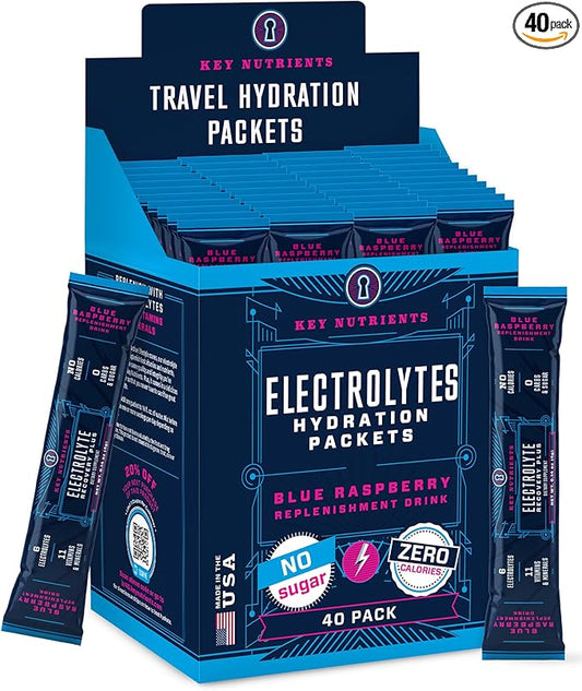 KEY NUTRIENTS Electrolytes Powder Packets - Delicious Blue Raspberry 40 Pack Hydration Packets - Travel Hydration Powder - Made in USA - No Sugar, No Calories, Gluten Free