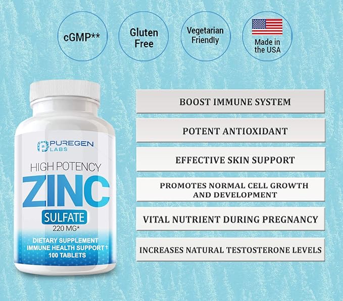 Puregen Labs Zinc Sulfate 220 mg Dietary Supplement Tablets - 100 Count (Pack of 2)
