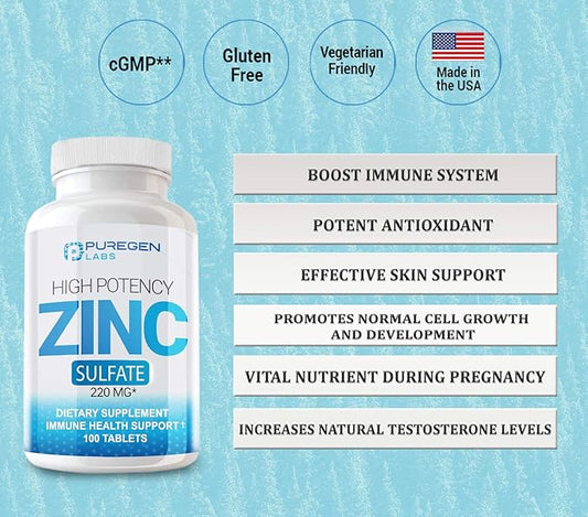 Puregen Labs Zinc Sulfate 220 mg Dietary Supplement Tablets - 100 Count (Pack of 2)