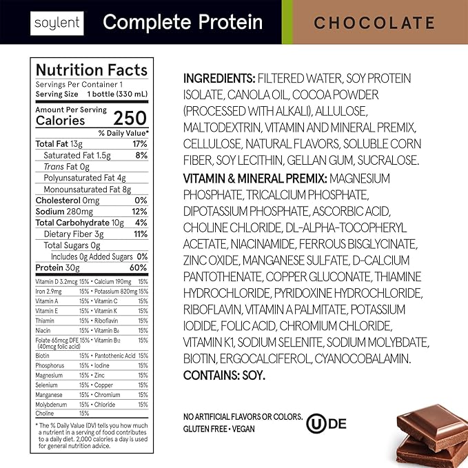 Soylent Complete Protein Shake, Chocolate, 30g Protein, Vegan, Dairy Free and 0g Sugar, Ready to Drink Protein Drinks, 11oz (4 Pack)