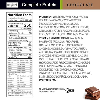 Soylent Complete Protein Shake, Chocolate, 30g Protein, Vegan, Dairy Free and 0g Sugar, Ready to Drink Protein Drinks, 11oz (4 Pack)