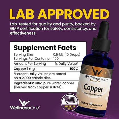WellnessOne Liquid Copper Supplements - Immune Support Copper Sulfate Also Great for Joint, Nerve & Bone Health - Copper Supplement Drops Maximizes Iron Absorption for Kids, Men & Women - 1.67 fl oz