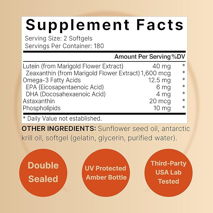 Lutein 40mg and Zeaxanthin 1,600mcg Per 360 Softgels 4 in 1 with Omega-3s, Astaxanthin,