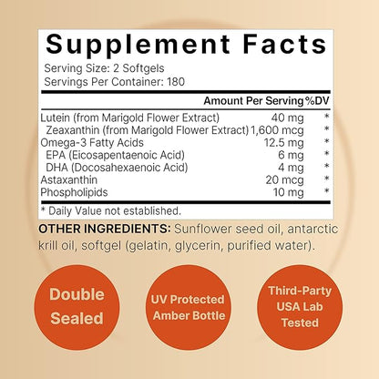 Lutein 40mg and Zeaxanthin 1,600mcg Per 360 Softgels 4 in 1 with Omega-3s, Astaxanthin,