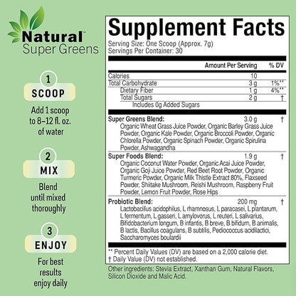 Natural Super Greens Powder Organic Supplements| Great Tasting Fruits and Vegetables Juice & Smoothie Mix| Probiotics & Digestive Enzymes| Green Superfood Spirulina & Chlorella (Citrus Berry)