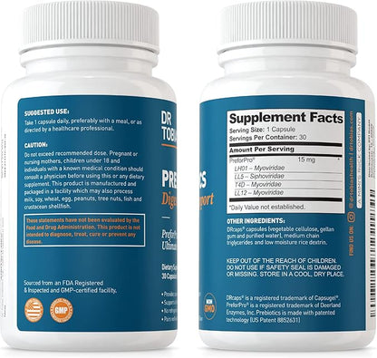 Dr. Tobias Prebiotics, Supports Digestion & Gut Health, Feed Good Probiotic Bacteria, Boost Gut Immune Function, Vegan & Non-GMO Gut Health Supplements for Men and Women, 30 Capsules, 30 Servings