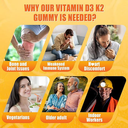 Vitamin D3 K2 Gummies 5000IU / 10,000 IU with Omega-3 250mg+K2(MK-7) 100mcg -5X Absorption Than Standard D3K2,with Vitamin C,Zinc,and 5 Organic Vegetables,Supports Bone & Teeth Strength, Immune,1 Pack
