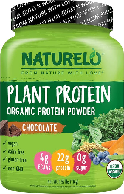 NATURELO Plant Protein Powder, Chocolate, 22g Protein 20 Servings