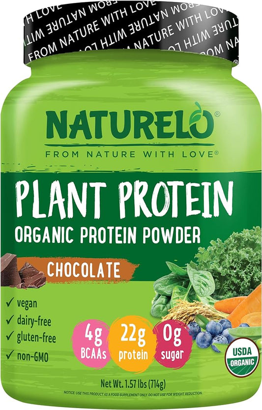 NATURELO Plant Protein Powder, Chocolate, 22g Protein 20 Servings