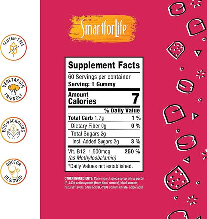 B12 Gummy Vitamins - 1500 mcg Vitamin B12 Gummies for Adults and Kids - Helps with Energy, Metabolism, Bone Nervous System Support - Raspberry Flavor - 60 Count - 60 Day Supply