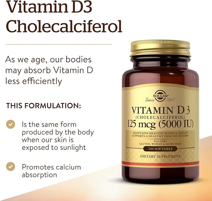 Solgar Vitamin D3 (Cholecalciferol) 125 MCG (5000 IU), 100 Softgels 100 Servings