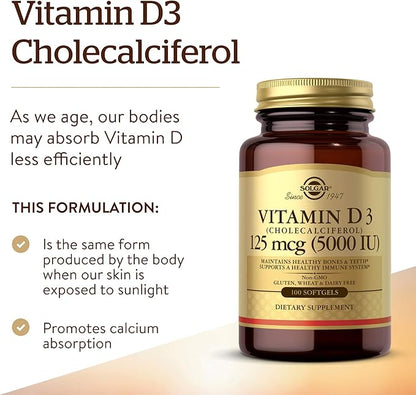 Solgar Vitamin D3 (Cholecalciferol) 125 MCG (5000 IU), 100 Softgels 100 Servings