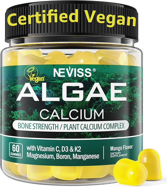 Calcium Gummies for Women + Magneisum Vitamin D3 K2, C, Zinc, Boron, Sustainable Algae (3rd Party Tested) for Bone Strength, Nerve, Calcium Absoption, Sugar Free Calcium Supplement, Vegan, 60 Counts