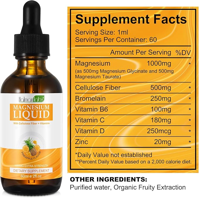 Magnesium Glycinate Liquid Drops,1000mg Liquid Magnesium B6,C,D and 2 Fl