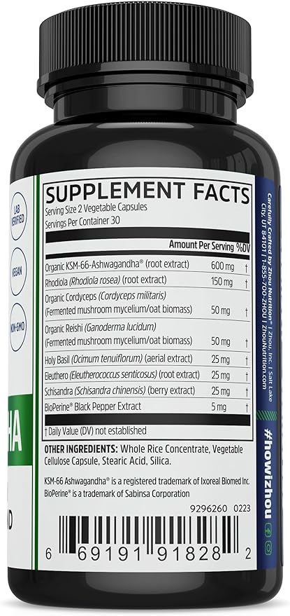 Zhou Nutrition Ashwagandha Capsules, Blend of 30 Servings, 60 Capsules