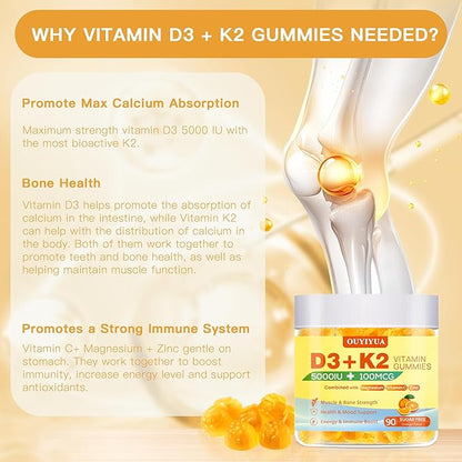 Vitamin D3 K2 Gummies, Vitamin D3 5000IU with K2 (MK-7) 100mcg Gummy for Women and Men, Sugar-Free D3 K2 Supplement with Magnesium, Vitamin C, Zinc Support Muscle, Bones & Immune