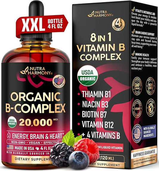 USDA Organic Vitamin B-Complex B5 Pantothenic Acid B12 Methylcobalamin B1 Thiamine B6 Pyridoxine B7 Biotin B9 Folic B3 Niacinamide 4fl oz