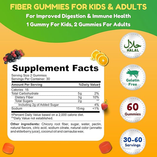 Halal & Gluten Free Fiber Gummies for Kids & Adults | 3g, 30-60 Servings | 60 Gummies | Improves Digestive Health, Immunity & Gut Health | Vegan Prebiotic | Non-GMO, Gelatin-Free