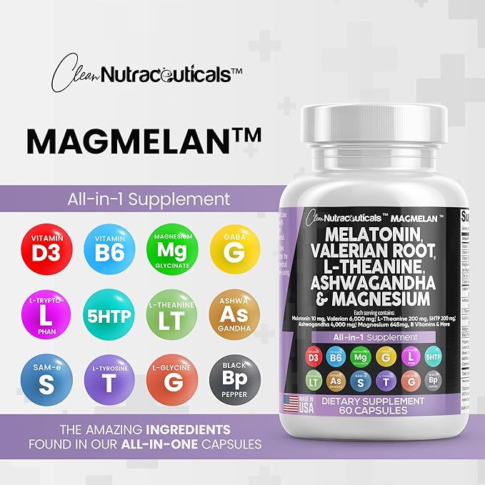 Clean Nutraceuticals Melatonin 10mg Valerian Root 6000mg L 200mg Ashwagandha 4000mg - 60 Caps