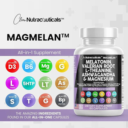 Clean Nutraceuticals Melatonin 10mg Valerian Root 6000mg L 200mg Ashwagandha 4000mg - 60 Caps