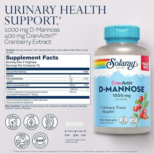 Solaray D-Mannose 1000mg with CranActin Cranberry Extract 60 Day 75 Serv, 150 VegCaps