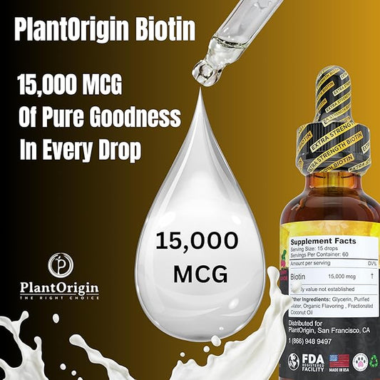 Extra Strength15,000 MCG Biotin Liquid Drops - Promotes Hair Growth, Radiant Skin & Strong Nails, Vegan & Kosher, Berry Flavor - 5X Absorption, 60 Servings
