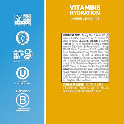 Nuun Hydration Vitamins Electrolyte Tablets + Caffeine, Ginger Lemonade, 5 Essential Electrolytes for Hydration + Vitamin A, B6, C, D, E, with Magnesium, Vegan, Non-GMO, 8 Tubes (96 Servings)
