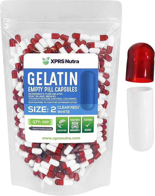 XPRS Nutra Size 2 Empty Capsules - 500 Count Empty Gelatin Capsules - Empty Pill Capsules - DIY Capsule Filling - Pure Bovine Pill Capsules Empty Gel Caps (Clear Red/White)