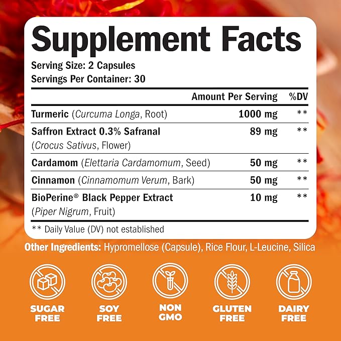 Turmeric Saffron Supplements with Cinnamon & Cardamom - Antioxidant Joint Support Supplement Contains Turmeric Curcumin with Black Pepper for Mood, Memory, Eye Health & Well-Being (Pack of 2)