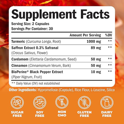 Turmeric Saffron Supplements with Cinnamon & Cardamom - Antioxidant Joint Support Supplement Contains Turmeric Curcumin with Black Pepper for Mood, Memory, Eye Health & Well-Being (Pack of 2)