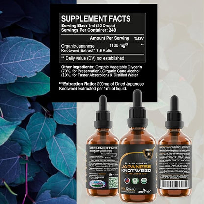 Japanese Knotweed Premium USDA Organic 3rd Party Tested Tincture 240ml/8oz - High Amounts of Resveratrol - Tick Wellness Aid and Immune Support Supplement - Made in The USA ASIN
