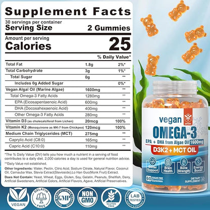 Vegan Omega 3 Gummies 1280mg - No Fish Taste - from Marine Algae Oil w/EPA 600mg & DHA 400mg, Vitamin D3, K2 & MCT Oil, Sugar Free Omega 3 Fish Oil Alternative, for Brain, Eye, Immune Health, 1 Pack