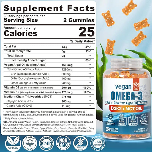 Vegan Omega 3 Gummies 1280mg - No Fish Taste - from Marine Algae Oil w/EPA 600mg & DHA 400mg, Vitamin D3, K2 & MCT Oil, Sugar Free Omega 3 Fish Oil Alternative, for Brain, Eye, Immune Health, 1 Pack