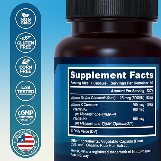 Vitamin D3 K2 Supplement 5000 IU 200 mcg D3, Patented MK7 & MK4, Heart 90 Vegetarian