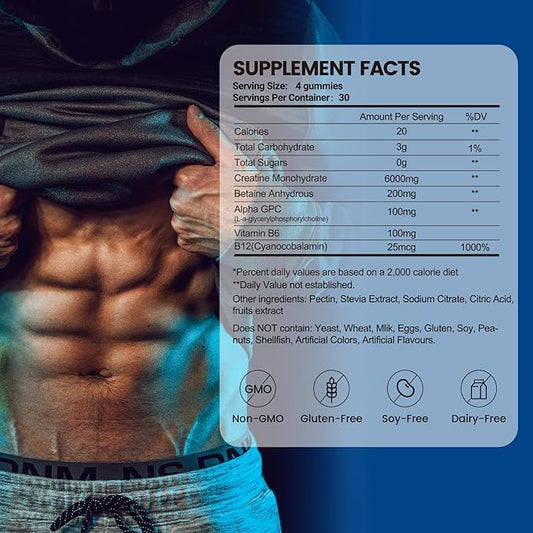 Creatine Monohydrate Gummies 6g for Men & Women, Potent Creatine Supplement, Chewables Creatine for Energy Boost, Increase Strength and Build Muscle, Gluten-Free, Sugar Free,120 Count