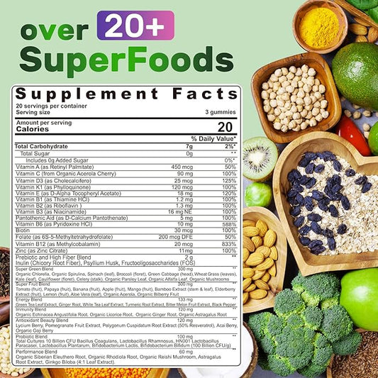 Super Greens Gummies, Greens Superfood Powder Alternative w/Spirulina, Chlorella, Prebiotic Fiber, Probiotic, Fruit Veggie, Daily Greens Vegetable for Digestive & Gut Health, Immunity, Focus, 120 Cts