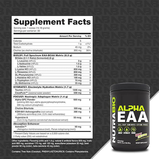 NutraBio Alpha EAA - All-Day Amino Acids for Muscle Growth and Hydration - Essential Amino Acids with Nootropics & Adaptogens- Full Spectrum EAA BCAA Powder - 30 Servings - Cherry Lime Slush