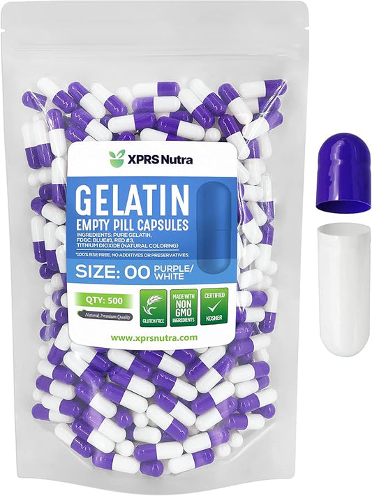 XPRS Nutra Size 00 Empty Capsules - 500 Count Empty Gelatin Capsules - Empty Pill Capsules - DIY Capsule Filling - Fillable Pill Capsules Empty Gel Caps (Purple/White)