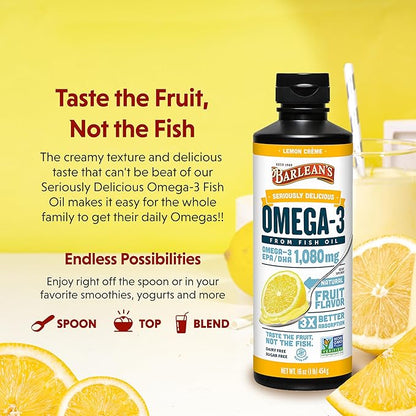 Barlean's Lemon Crème Omega 3 Fish 1080mg of 3 EPA 8 oz