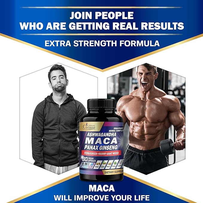 Organic Cadane Maca Root 9000mg Ashwagandha 900mg Panax 450mg Supplement 90 Capsules 3 Months