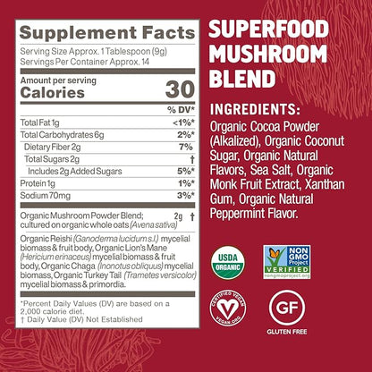 OM Mushroom Superfood Peppermint Hot Chocolate Superfood Mushroom Blend, 4.44 oz, 14 Servings, for Immune Health