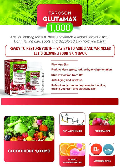 Glutamax|Whitening from Within|Glutathione 1000mg, Fern&Pomegranate Extract| 30 Tablets