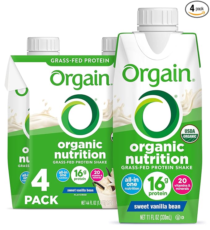 Orgain Organic Nutritional Protein Shake, Vanilla Bean 16g Grass 20 Vitamins 11 Fl (4 Pack)
