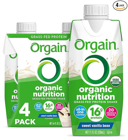 Orgain Organic Nutritional Protein Shake, Vanilla Bean 16g Grass 20 Vitamins 11 Fl (4 Pack)