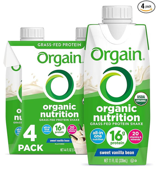 Orgain Organic Nutritional Protein Shake, Vanilla Bean 16g Grass 20 Vitamins 11 Fl (4 Pack)