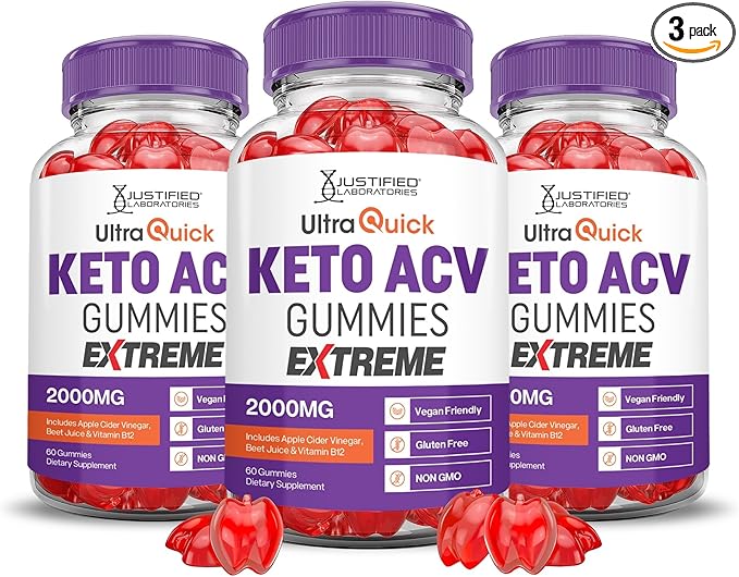 Justified Laboratories (3 Pack Ultra Quick Keto ACV Gummies Extreme 2000MG Ultraquick Keto Gummies Apple Cider Vinegar Formulated with Pomegranate Beet Juice Powder B12 Vegan Non GMO 180 Gummys