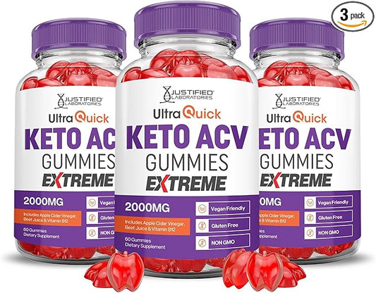Justified Laboratories (3 Pack Ultra Quick Keto ACV Gummies Extreme 2000MG Ultraquick Keto Gummies Apple Cider Vinegar Formulated with Pomegranate Beet Juice Powder B12 Vegan Non GMO 180 Gummys