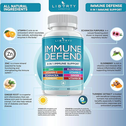 8 in 1 Immune Defense Support, Immunity Capsules Supplement Booster with Echinacea Zinc 50mg, Vitamin C , D3 5000 IU, Turmeric Curcumin & Ginger, Echinacea - Allergy Relief for Kids Adults (1 Pack)